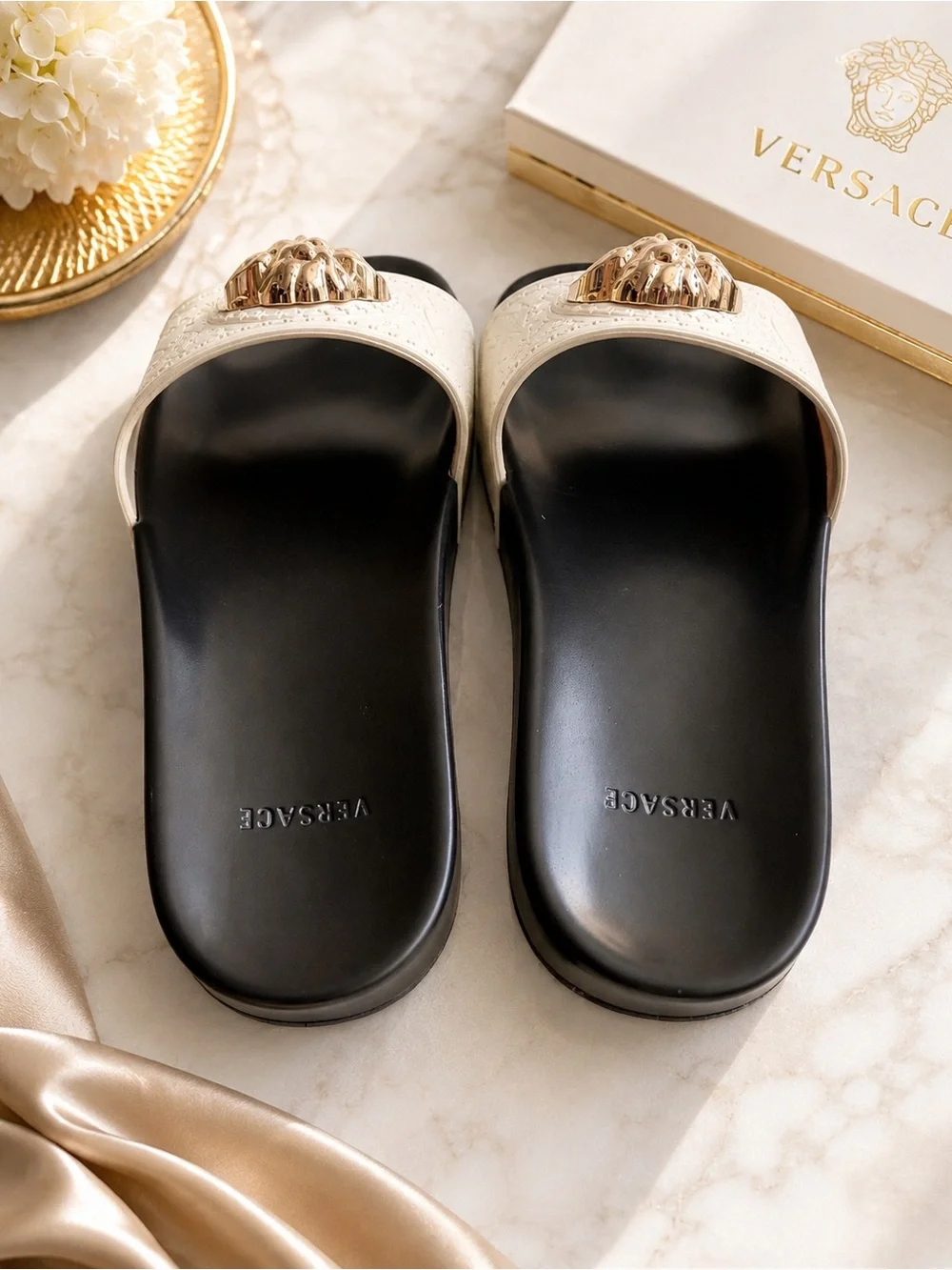 Versace Medusa Slide Sandals Black White Gold Men’s Size 8